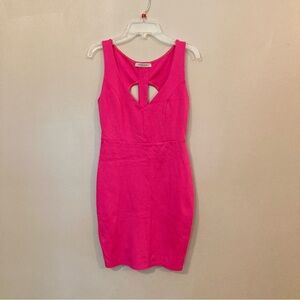 4/$10 - Solemio Cutout Back Flattering Hot Barbie Pink V-Neck Dress